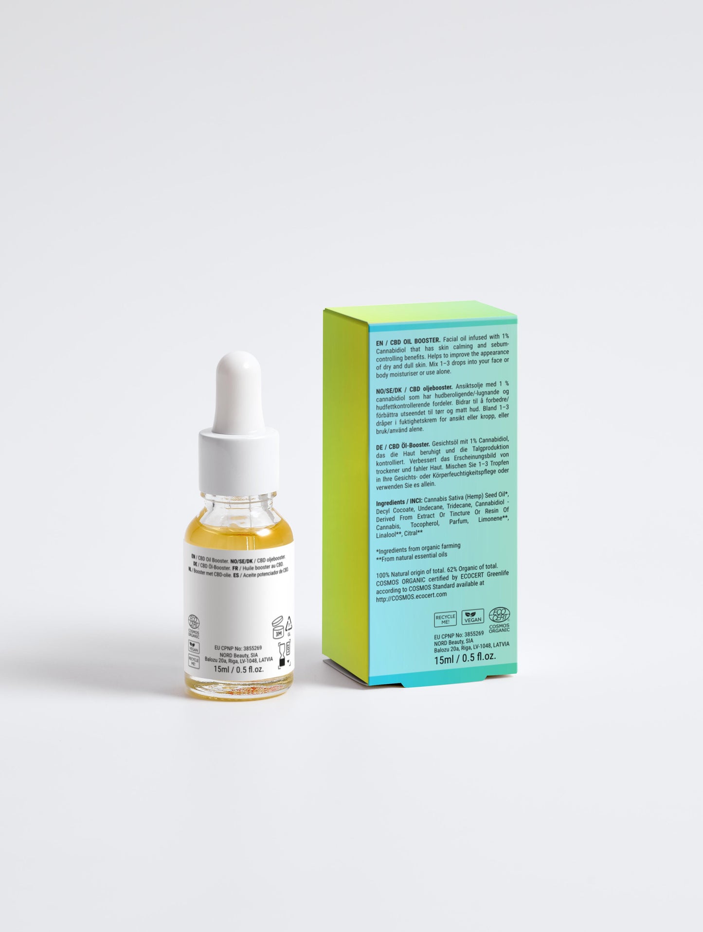 Huile apaisante pour le visage, infusé de 1% de cannabidol, 100% d'ingrédients naturel, 15 ml Bio