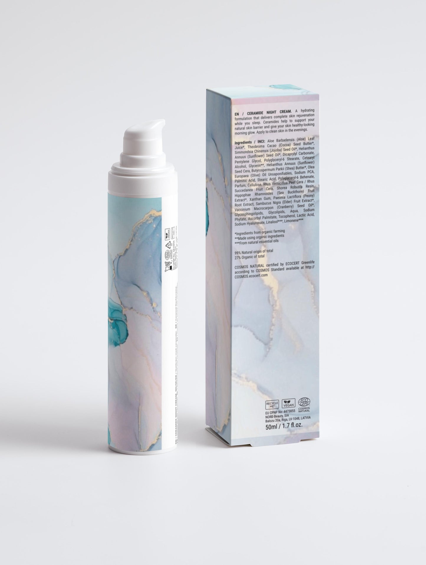 Crème de nuit hydratante aux céramide, 99% d'ingrédients naturel, bio, 50ml