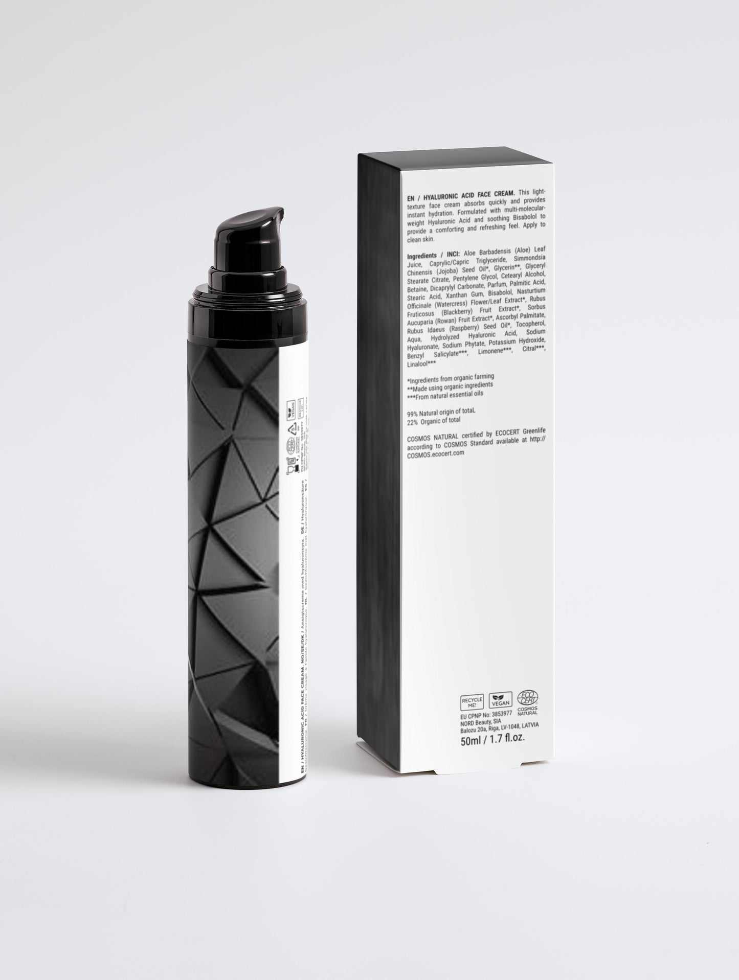Crème visage à l'acide hyaluronique pour hommes, 99% d'ingrédients naturel, 50ml